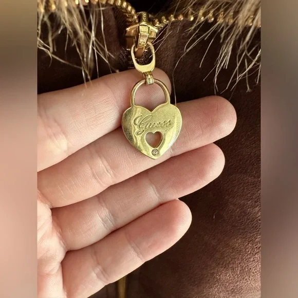 VTG Guess Coat Womens Large Y2K Faux Sherpa Fur Suede Long Length Brown - Picture 9 of 9